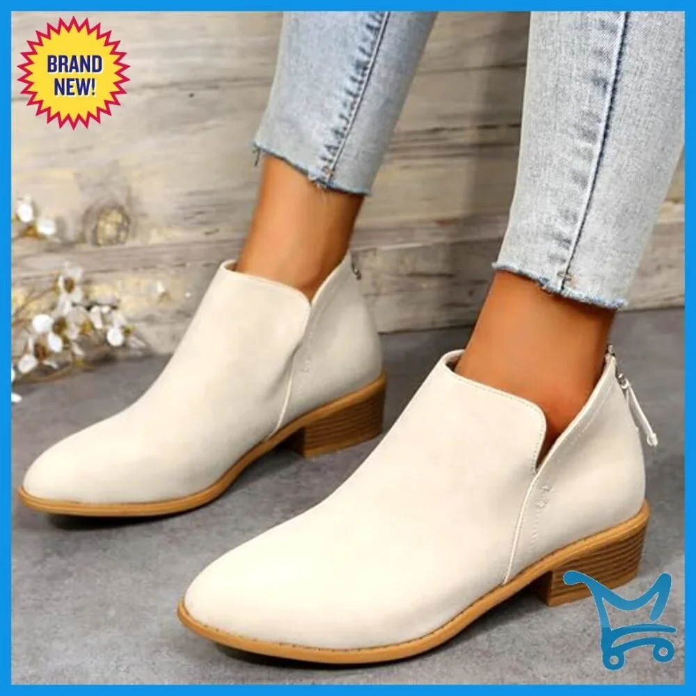 Women's Faux Suede Ankle Boots with Low Block Heel and Side Zipper
